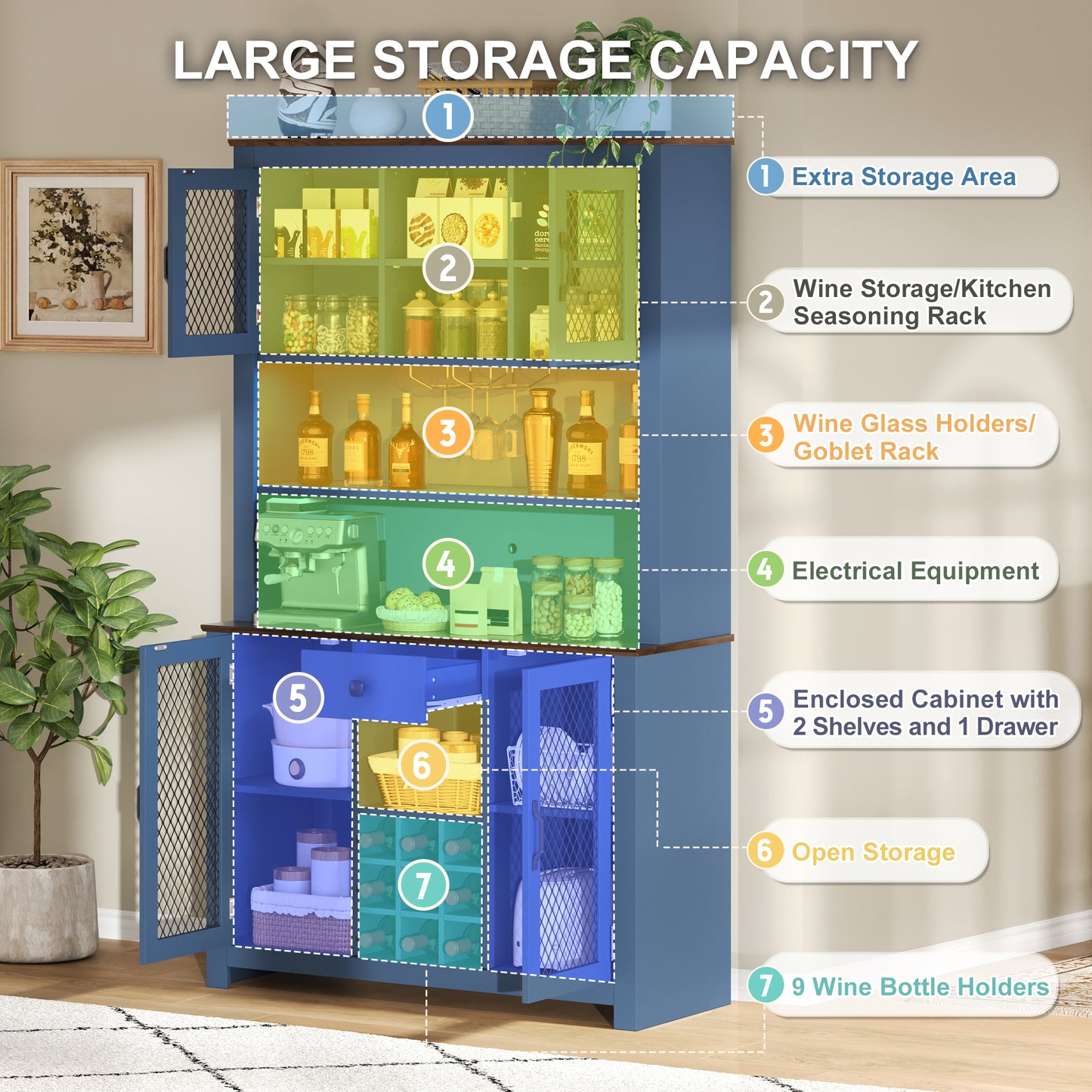 70.9" Kitchen Pantry Storage Cabinet Rustic Buffet Cabinet, Kitchen Hutch Cabinet with LED Outlets Food Pantry Cabinet with Doors and Shelves Wine Rack for Dining Room, Navy Blue image 9