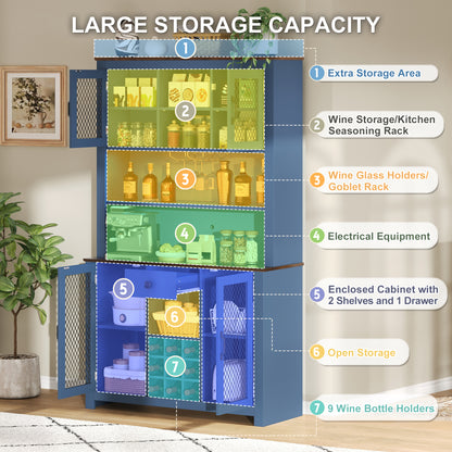 70.9" Kitchen Pantry Storage Cabinet Rustic Buffet Cabinet, Kitchen Hutch Cabinet with LED Outlets Food Pantry Cabinet with Doors and Shelves Wine Rack for Dining Room, Navy Blue image 9