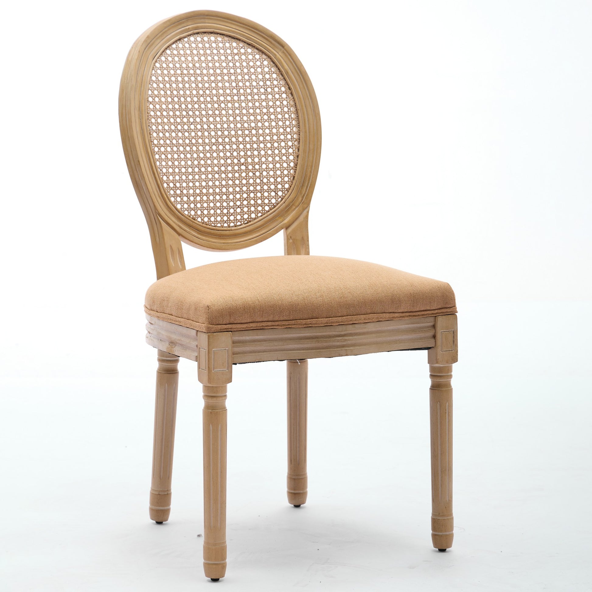A&A Furniture,French Style Solid Wood Frame Antique Painting Linen Fabric Rattan Back Dining Chair,Set of 2,Tan image 3