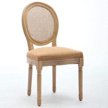 A&A Furniture,French Style Solid Wood Frame Antique Painting Linen Fabric Rattan Back Dining Chair,Set of 2,Tan image 3