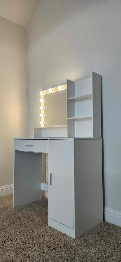 Vanity Desk with Mirror & Light, Large Drawer Three Level Storage Dresser, 3 Lighting Modes Adjustable Brightness, Bedroom Dressing Table(Pink) image 3