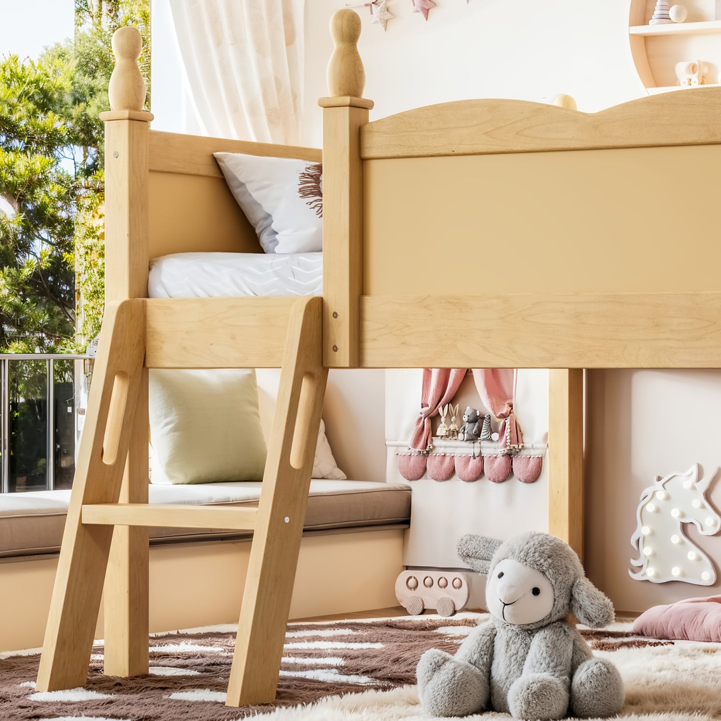 Full Size Loft Bed with Full-Length Guardrails, Solid Wood Low Loft Bed with Ladders and Beside Book Shelf, Chic Shape and Low Profile Design, Natural image 7