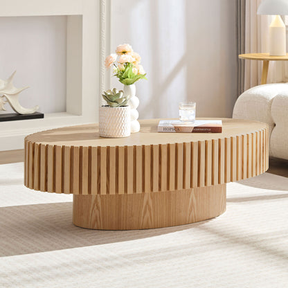 Modern Handcraft Drum Coffee Table Length 43.7 inch Ellipse Coffee Table for Living Room,Oval Small Coffee Table with Sturdy Pedestal,Natural Ash MDF,W2582P251207 image 1