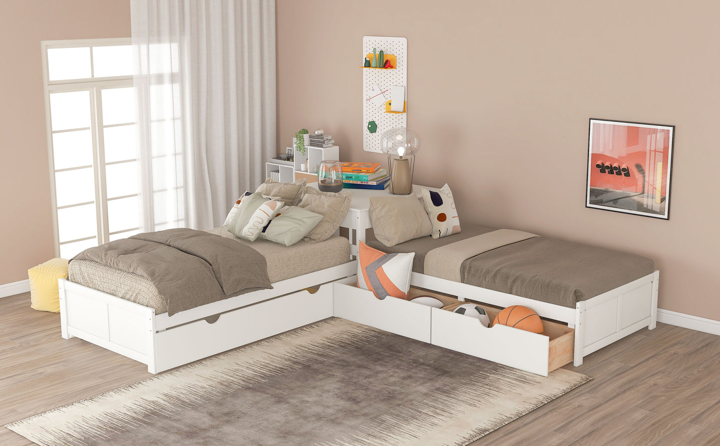 L-shaped Platform Bed with Trundle and Drawers Linked with built-in Desk,Twin,White(Old SKU:SM000916AAK-1) image 5