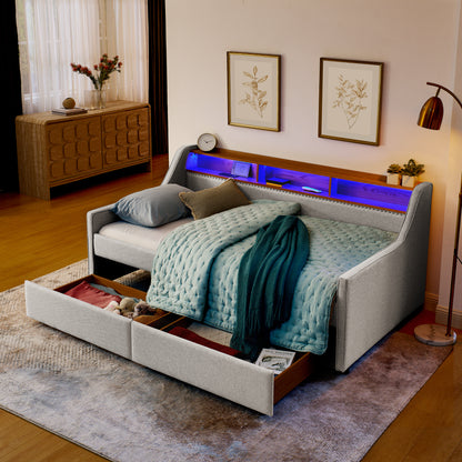 Twin Size Upholstery Sofa Bed with Three LED lights, with Storage Adjustable Headboard, with Two Storage Pull Up drawers and Wireless Charging, Linen Padded Sofa Bed frame, Beige image 4