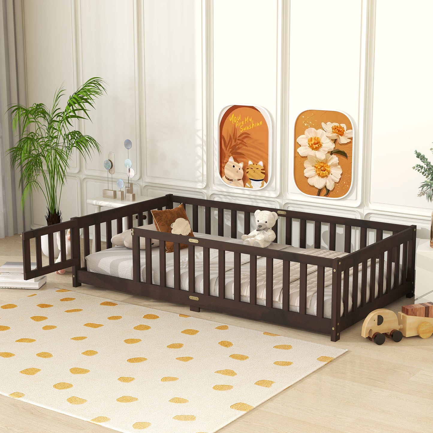 Twin Size Floor Bed with Fence and Door,Rubber Wood Floor Bed with Safety Guardrails,Espresso (Old Sku W504P286375) image 7