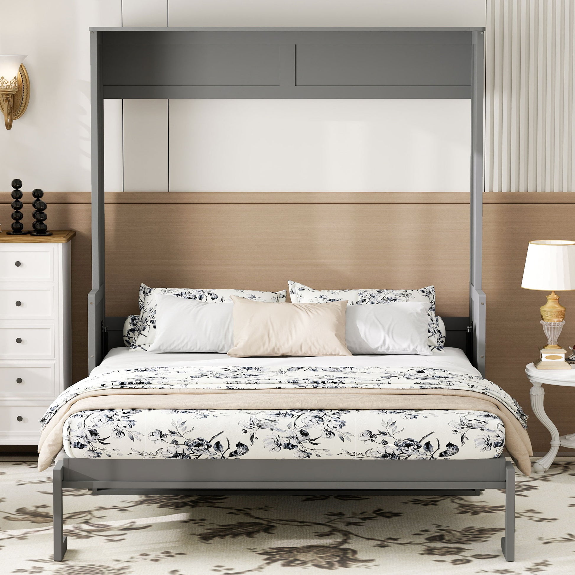 Queen Size Murphy Bed with Desk,LED Lights and USB Charging Station,Gray image 4