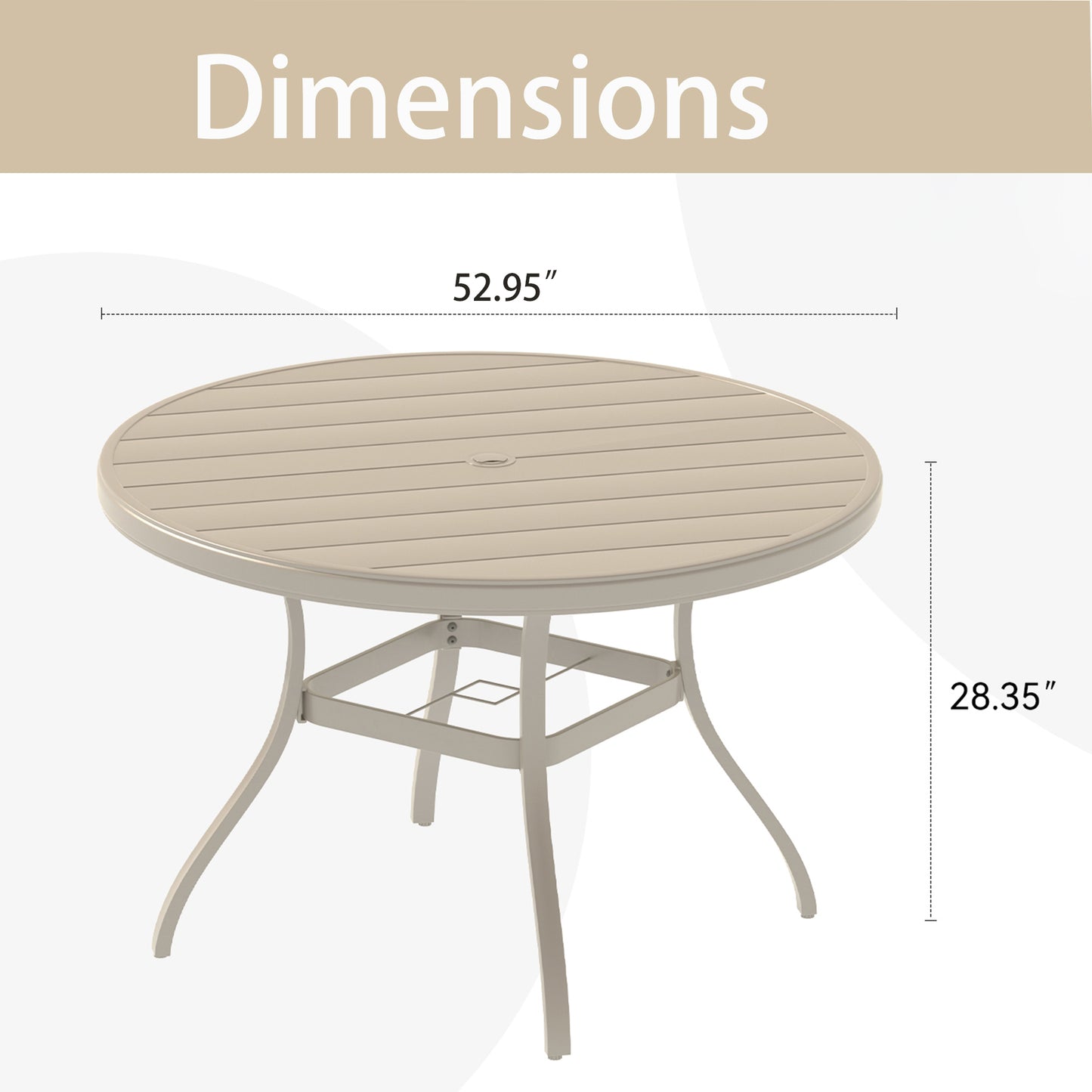 Outdoor Round Patio Dining Table for 6-7, All Weather Metal Dining Table with Umbrella Hole for Deck Lawn Garden Backyard, Sandstone Color image 2