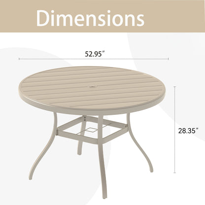 Outdoor Round Patio Dining Table for 6-7, All Weather Metal Dining Table with Umbrella Hole for Deck Lawn Garden Backyard, Sandstone Color image 2