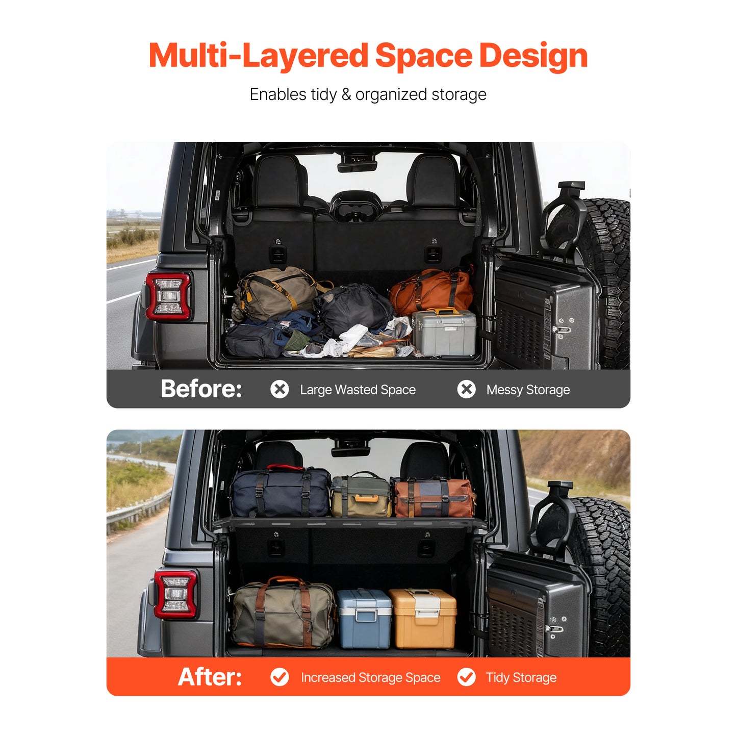 Rear Trunk Cargo Rack, for 2007-2024 Jeep Wrangler JK 4-Door Hardtops, 300 lbs Capacity, Carbon Steel Basket Tray Interior Storage Luggage Carrier with Net, Shelf Stand Organizer for Camping Trip Gear image 2