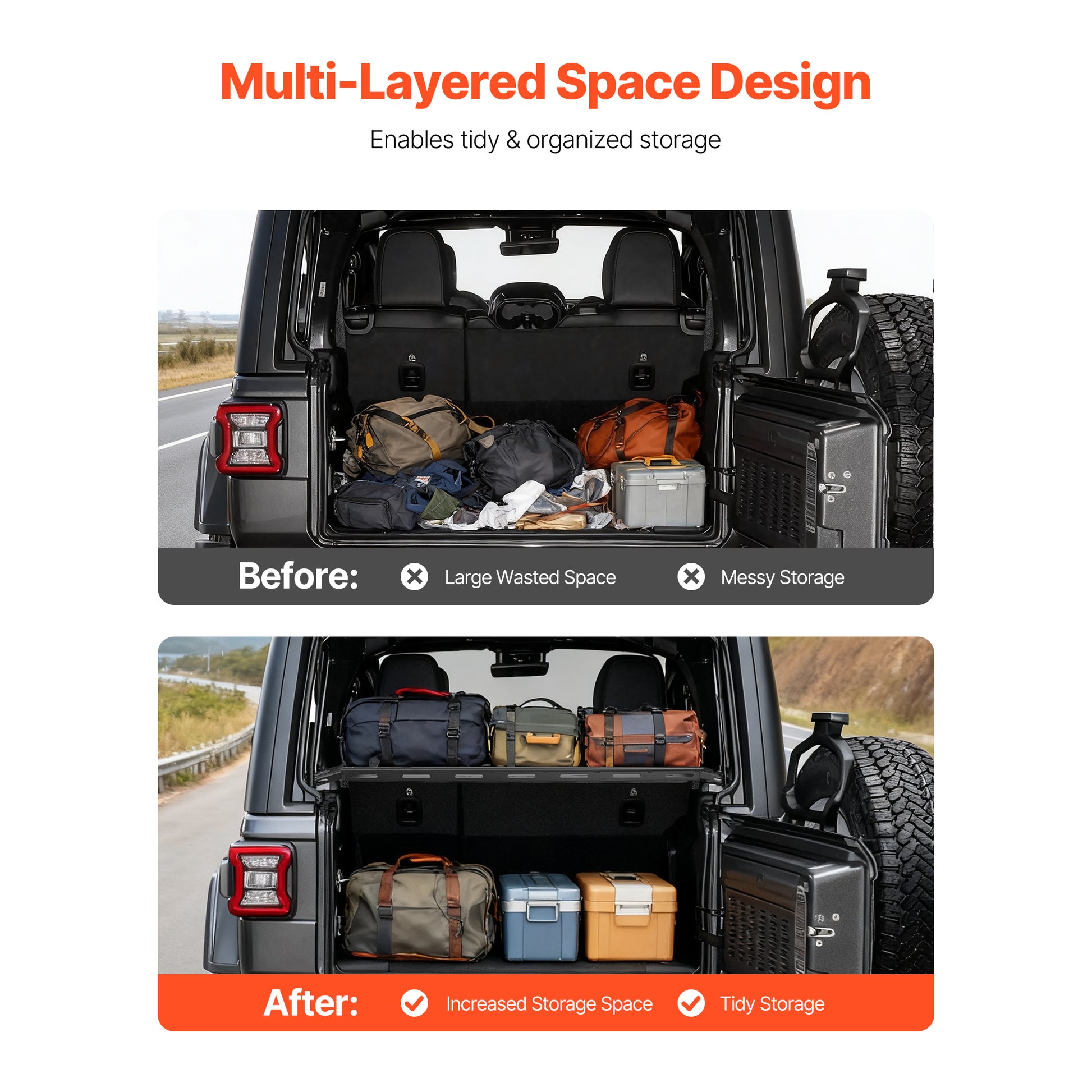 Rear Trunk Cargo Rack, for 2007-2024 Jeep Wrangler JK 4-Door Hardtops, 300 lbs Capacity, Carbon Steel Basket Tray Interior Storage Luggage Carrier with Net, Shelf Stand Organizer for Camping Trip Gear image 2