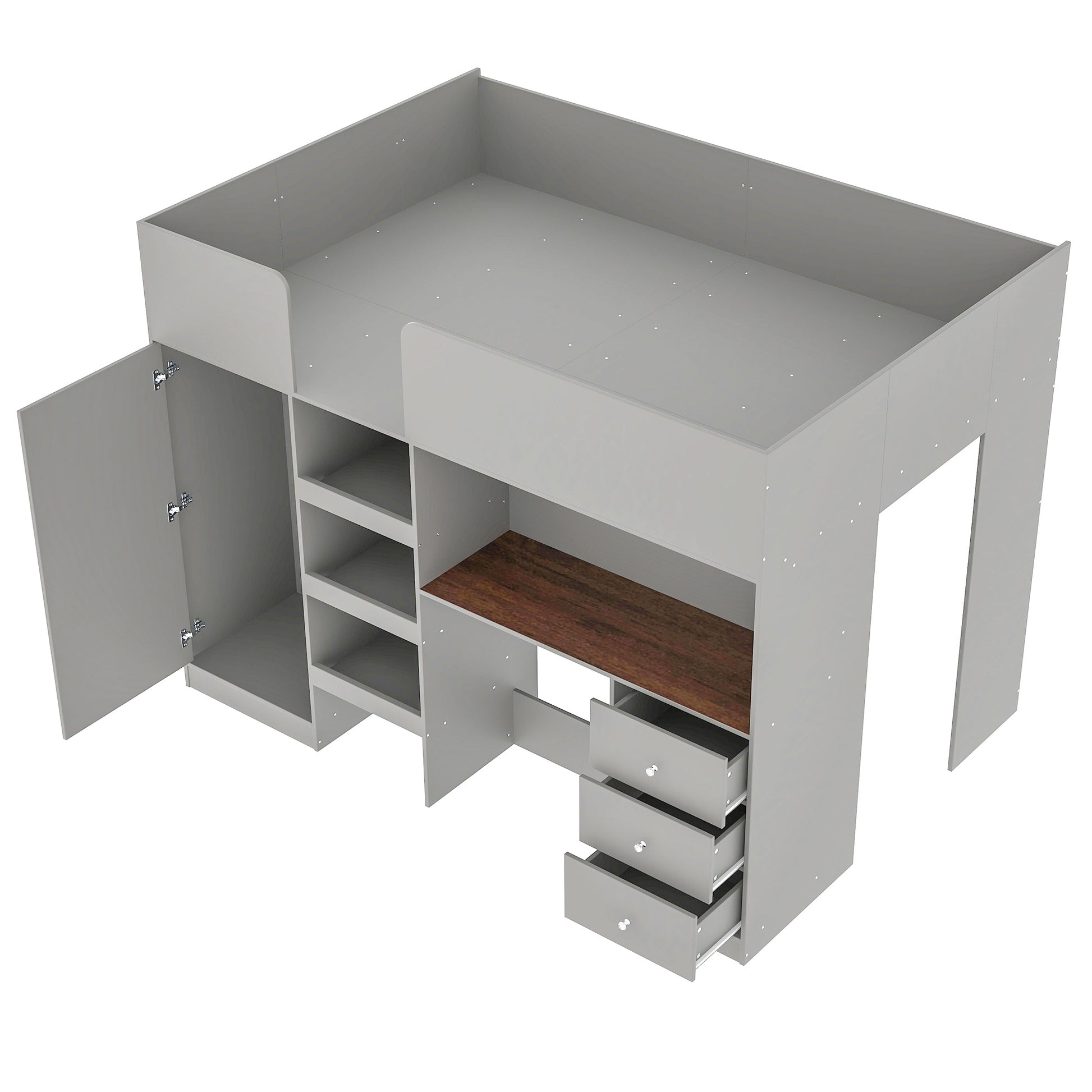 Wood Full Size Loft Bed with Built-in Wardrobe, Desk, Storage Shelves and Drawers, Grey image 9
