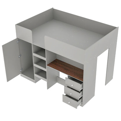 Wood Full Size Loft Bed with Built-in Wardrobe, Desk, Storage Shelves and Drawers, Grey image 9