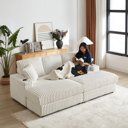 84Inch Corduroy 3-seater sofa With 3 back pillows,2 toss pillows, 2 ottoman,2 Footstool Storage and cup-holding grooves Comfy Sofa- Deep Seat Couch for Living Room image 2