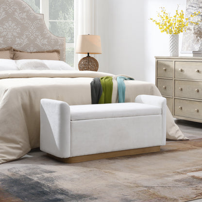 49" Bench with Storage, Storage Ottoman Bench with Safety Hinge, Gold Metal Base with wood frame, Upholstered Entryway Bench for Bedroom, Living Room, Hold up to 350 lb, Beige image 1