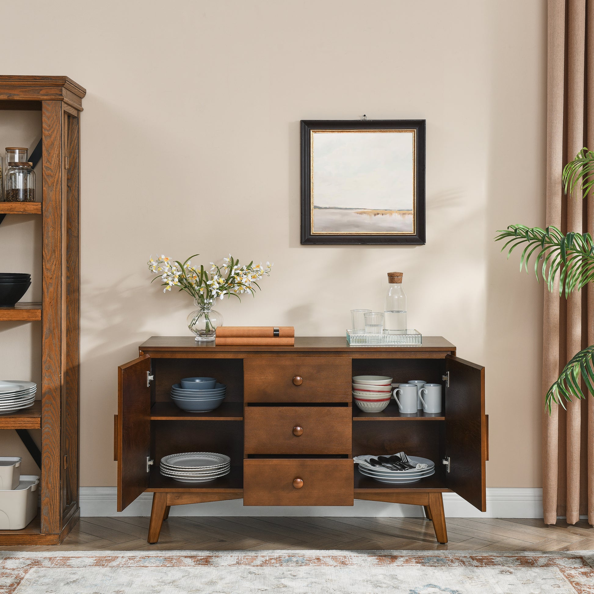 47.3" Mid Century Modern Sideboard Buffet Cabinet with Storage, Storage Cabinet with 2 Doors and 3 Drawers for Kitchen Dining Living Room, Accent Console Table, Walnut image 3