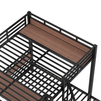 Queen over Twin over Twin Metal Bunk Bed,triple metal bunk bed with Storage shelves and storage stairs,Black image 12