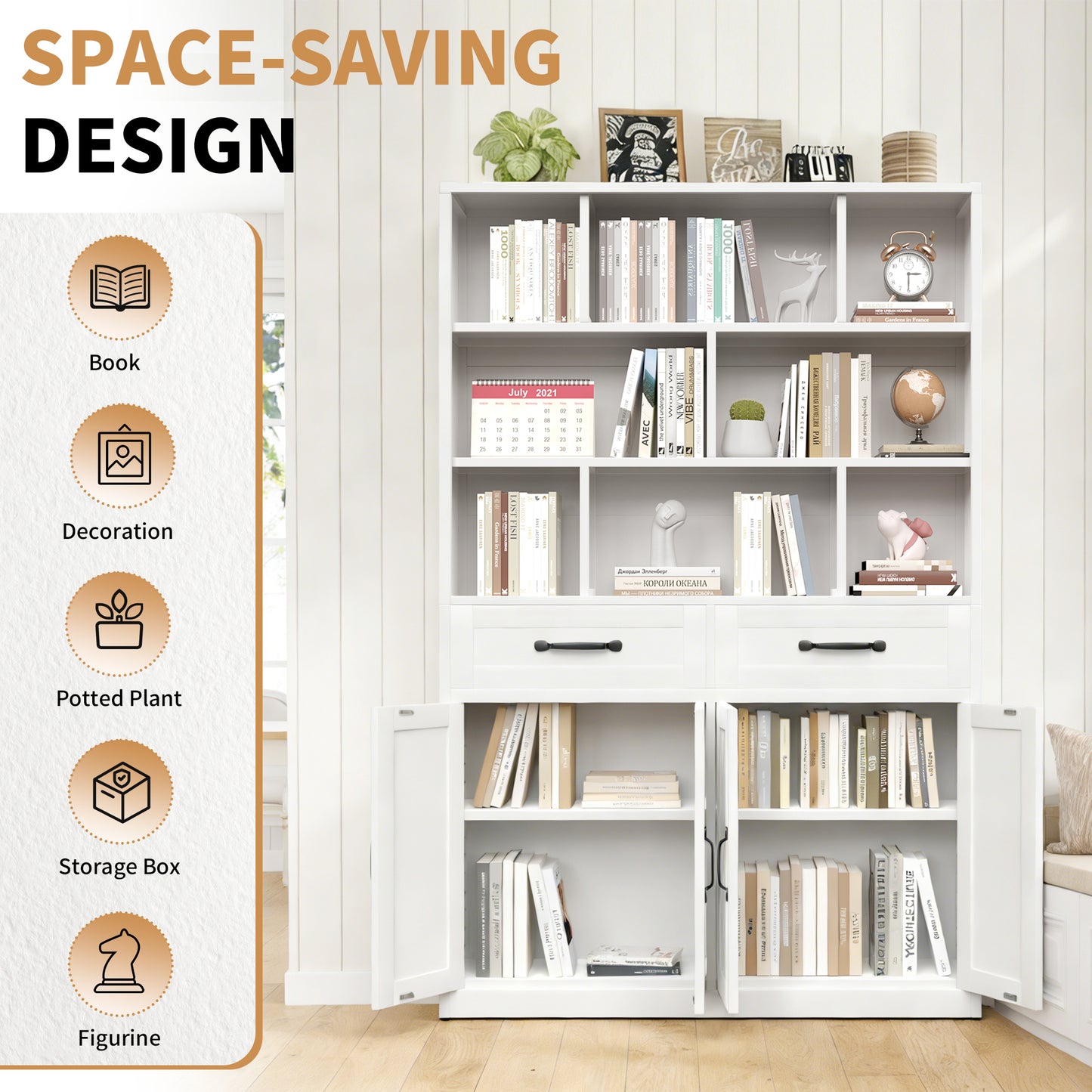 71" H Metal Bookcase with 2 Doors & 2 Drawers, Tall Storage Cabinet with Fixed Open Shelves for Home Office, Living Room, Modern Bookshelf, White image 5