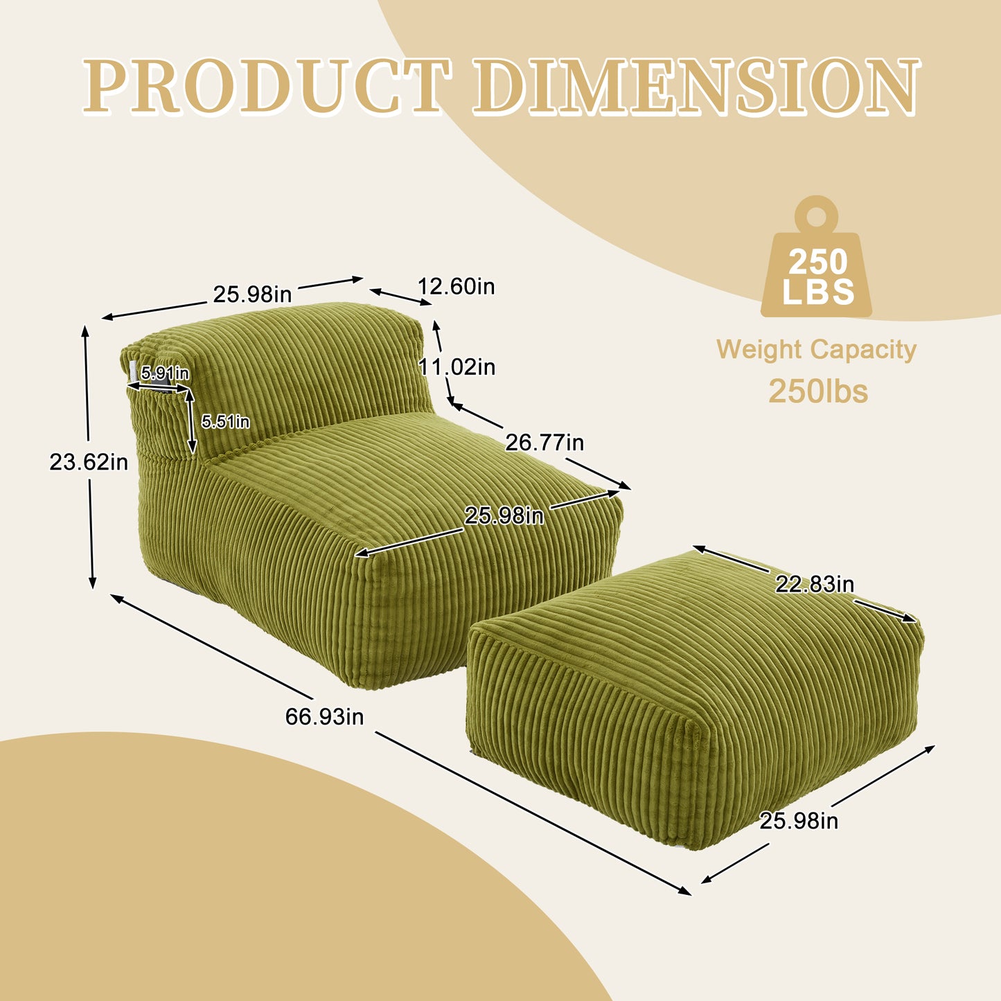 Big Bean Bag Chair for Adults,Lounger Large Bean Bag Sofa, Memory Foam Filled Beanbag Chair for Living Room, Bedroom, Balcony,Comfy Corduroy Bean Bag Chair with ottoman,Ergonomic Support & Premium Com image 5