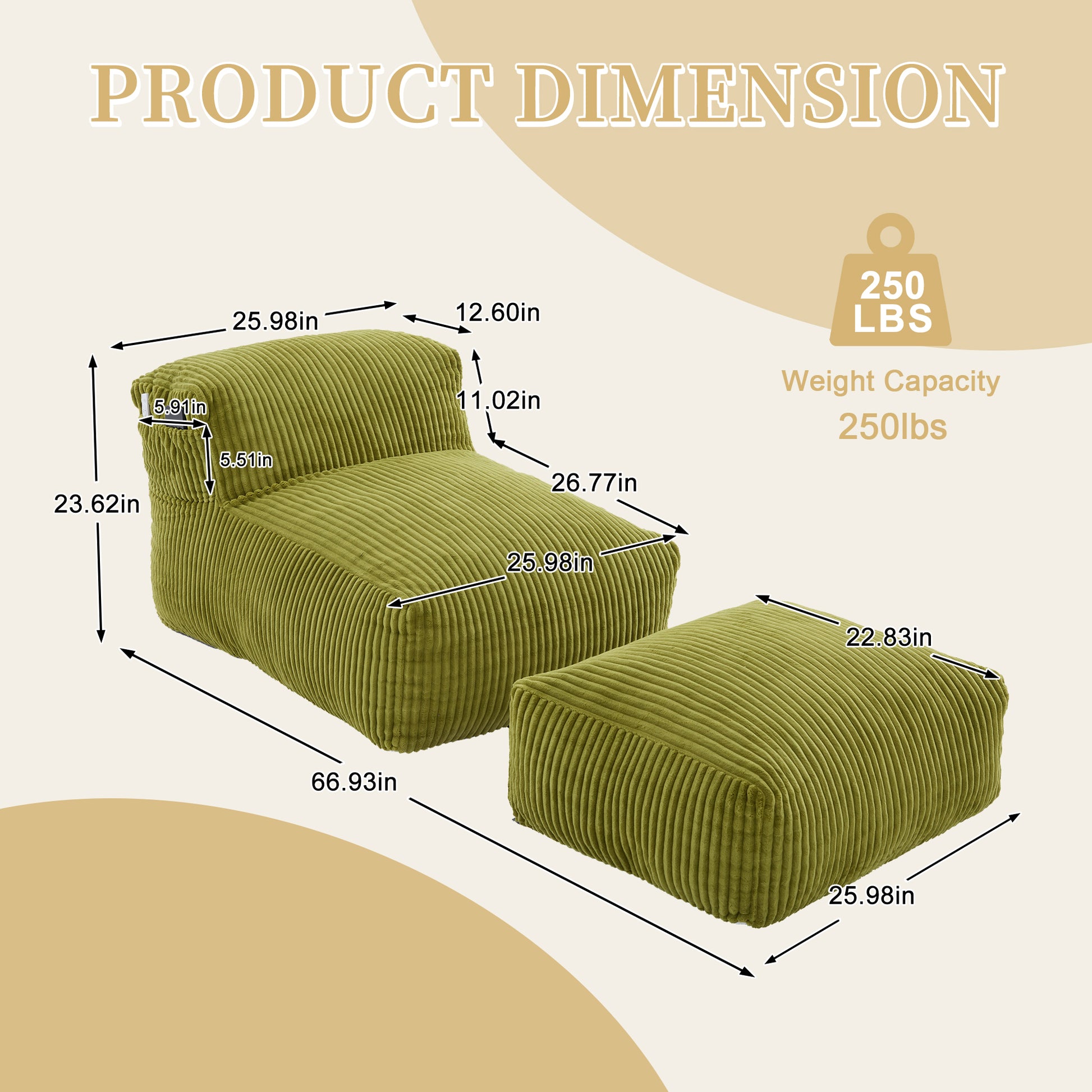 Big Bean Bag Chair for Adults,Lounger Large Bean Bag Sofa, Memory Foam Filled Beanbag Chair for Living Room, Bedroom, Balcony,Comfy Corduroy Bean Bag Chair with ottoman,Ergonomic Support & Premium Com image 5