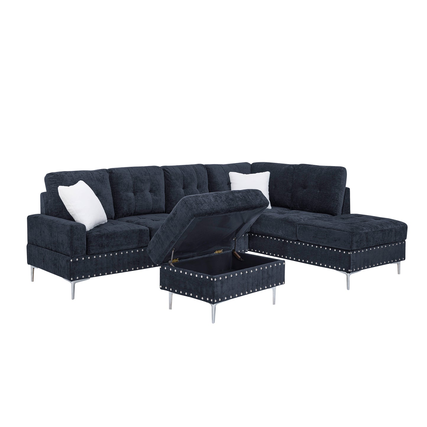 Sectional 3-Seaters Sofa with Chaise, Storage Ottoman, Metal Legs and Copper Nails,Two White Pillows,Navy Bule(102" x 76" x35") image 8