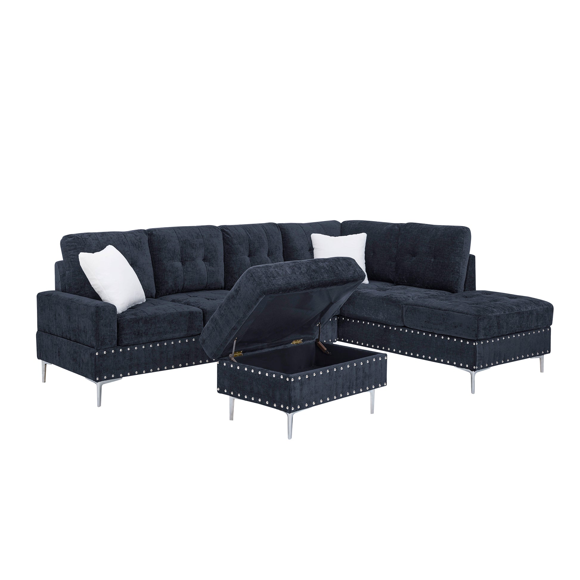 Sectional 3-Seaters Sofa with Chaise, Storage Ottoman, Metal Legs and Copper Nails,Two White Pillows,Navy Bule(102" x 76" x35") image 8