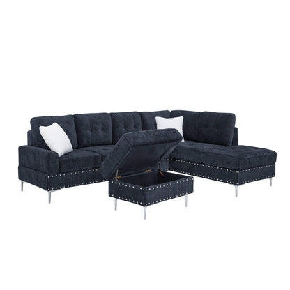 Sectional 3-Seaters Sofa with Chaise, Storage Ottoman, Metal Legs and Copper Nails,Two White Pillows,Navy Bule(102" x 76" x35") image 8