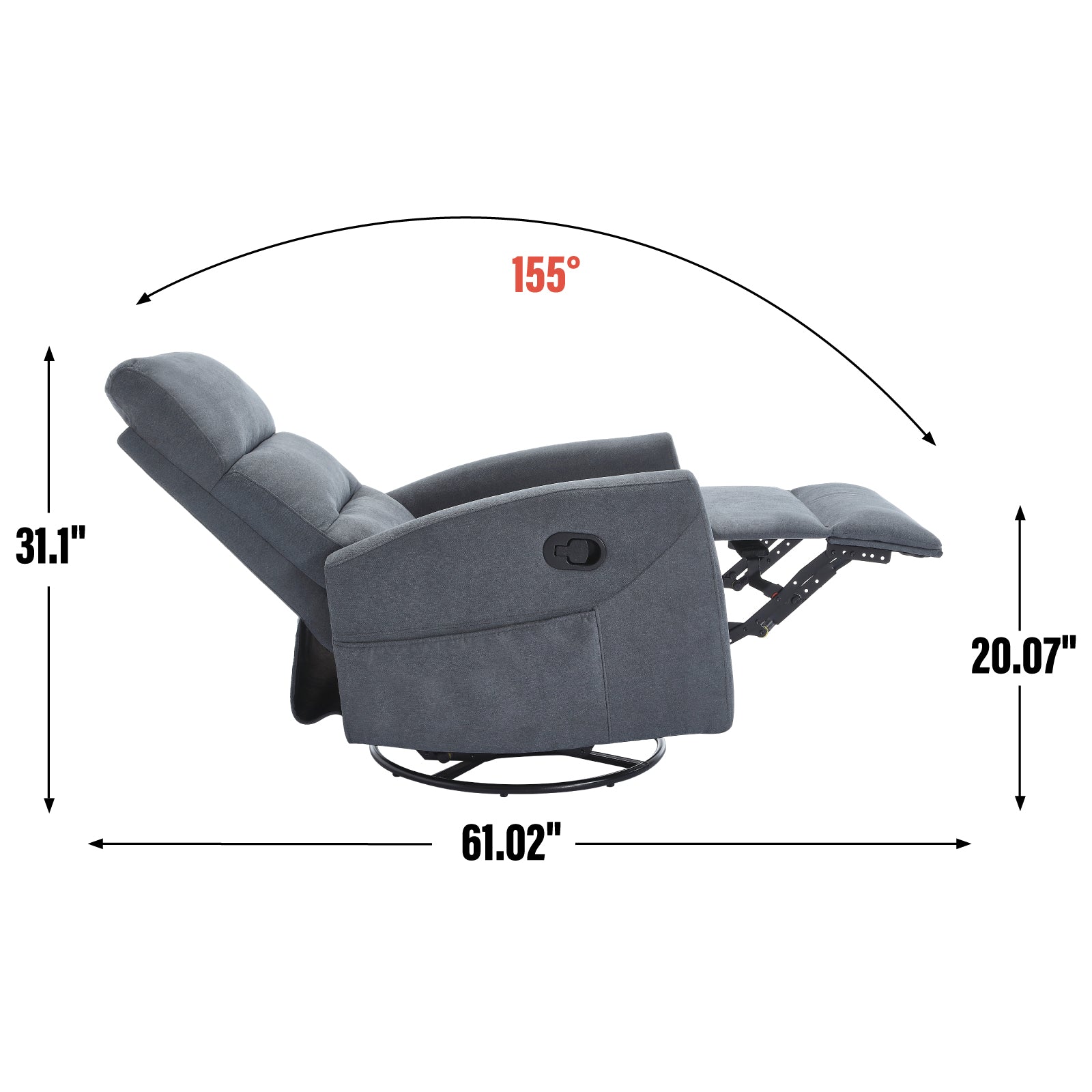 Manual Recliner Chair with Rocker and Swivel in Fabric for Living Room, Grey image 10