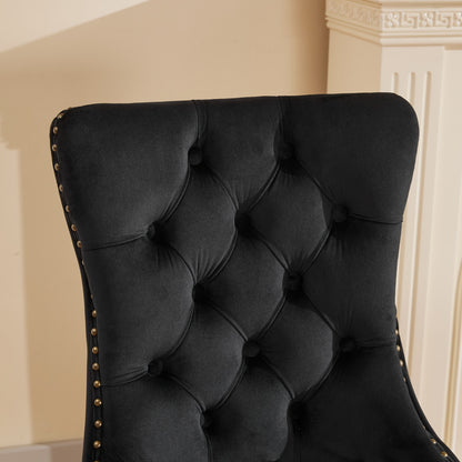 Mid-Century Modern Chairs with Lion Head Pull Ring,High-end Tufted Solid Wood Contemporary Velvet Upholstered Dining Chair with Golden Wooden Legs Nailhead Trim 2-Pcs Set,Black,SW1201BK image 9