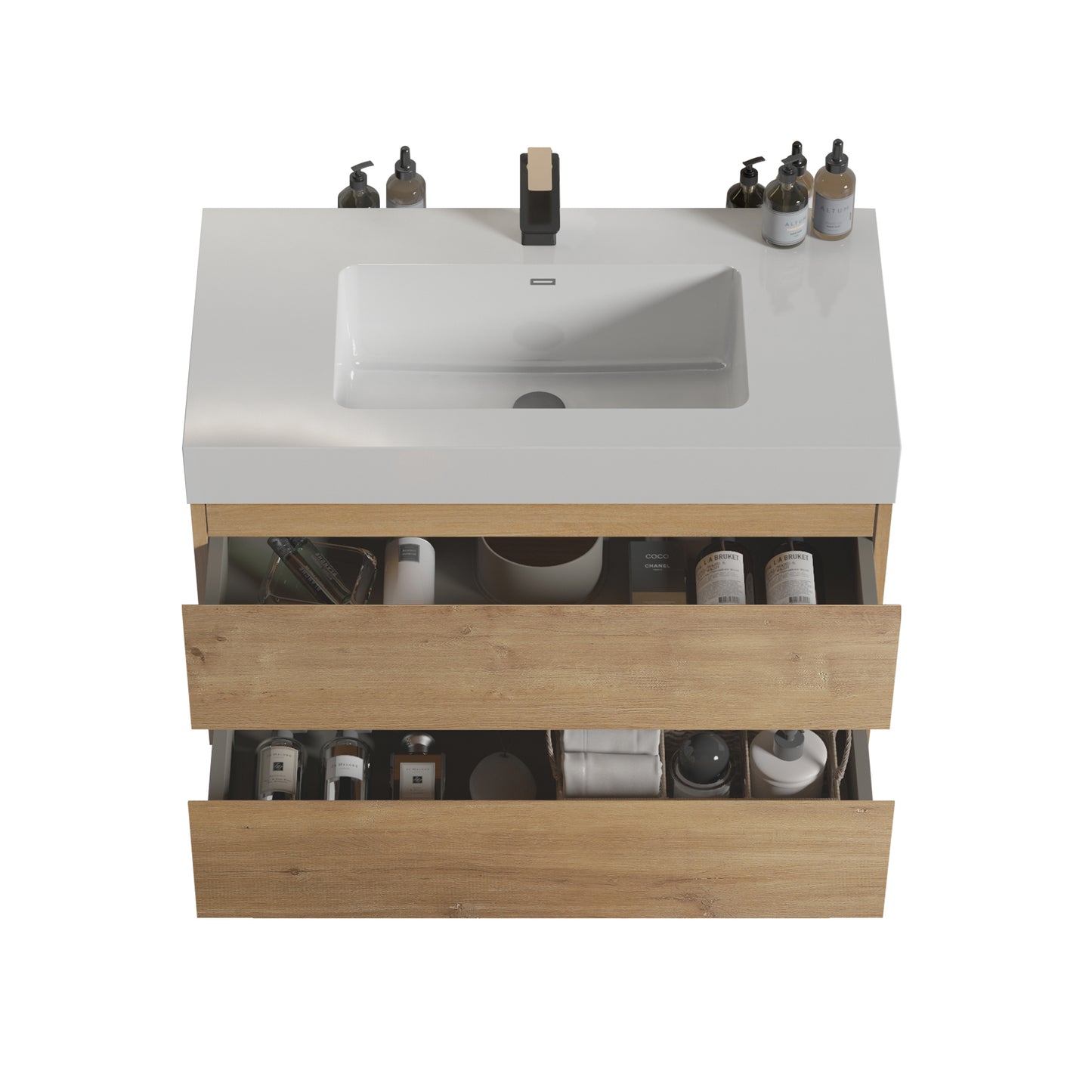 Alice 36" Oak Bathroom Vanity with Black Sink, Large Storage Wall Mounted Floating Bathroom Vanity for Modern Bathroom, One-Piece White Sink Basin without Drain, Pre-assembled image 6