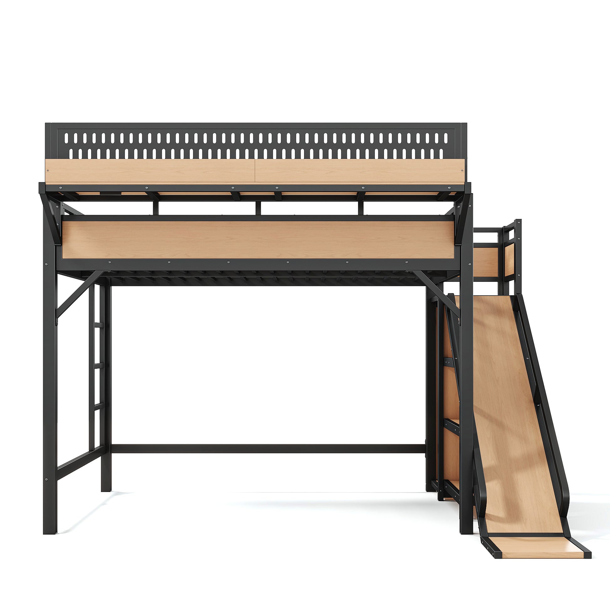 Queen Size Loft Bed with Slide, Storage Shelves and Built-in Wardrobe, Metal Loft Bed Frame with USB Ports and LED Lights, with Pegboard, Safety and Solid, Natural image 12