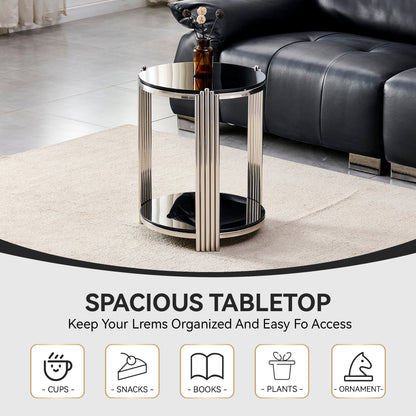 16.90 Inch Modern End Table, Bedside Table,Double-Layer Tempered Black Glass & Silver Stainless Steel Frame Living Room Table, Round Table,Easy Assembly. image 3
