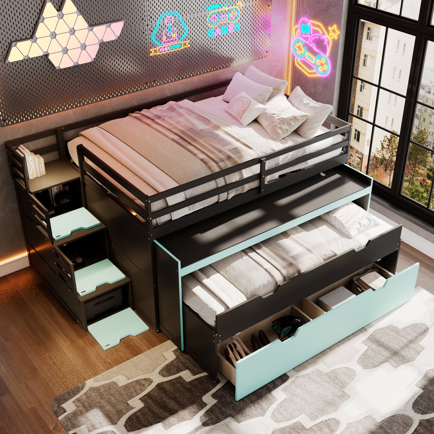 Full XL Loft Bed with Pull-Out Desk and Twin Trundle, Multi-Functional Bunk Bed with 2 Storage Drawers and Storage Steps, Space-Saving Gaming & Workstation Bedframe, Black+Blue image 2