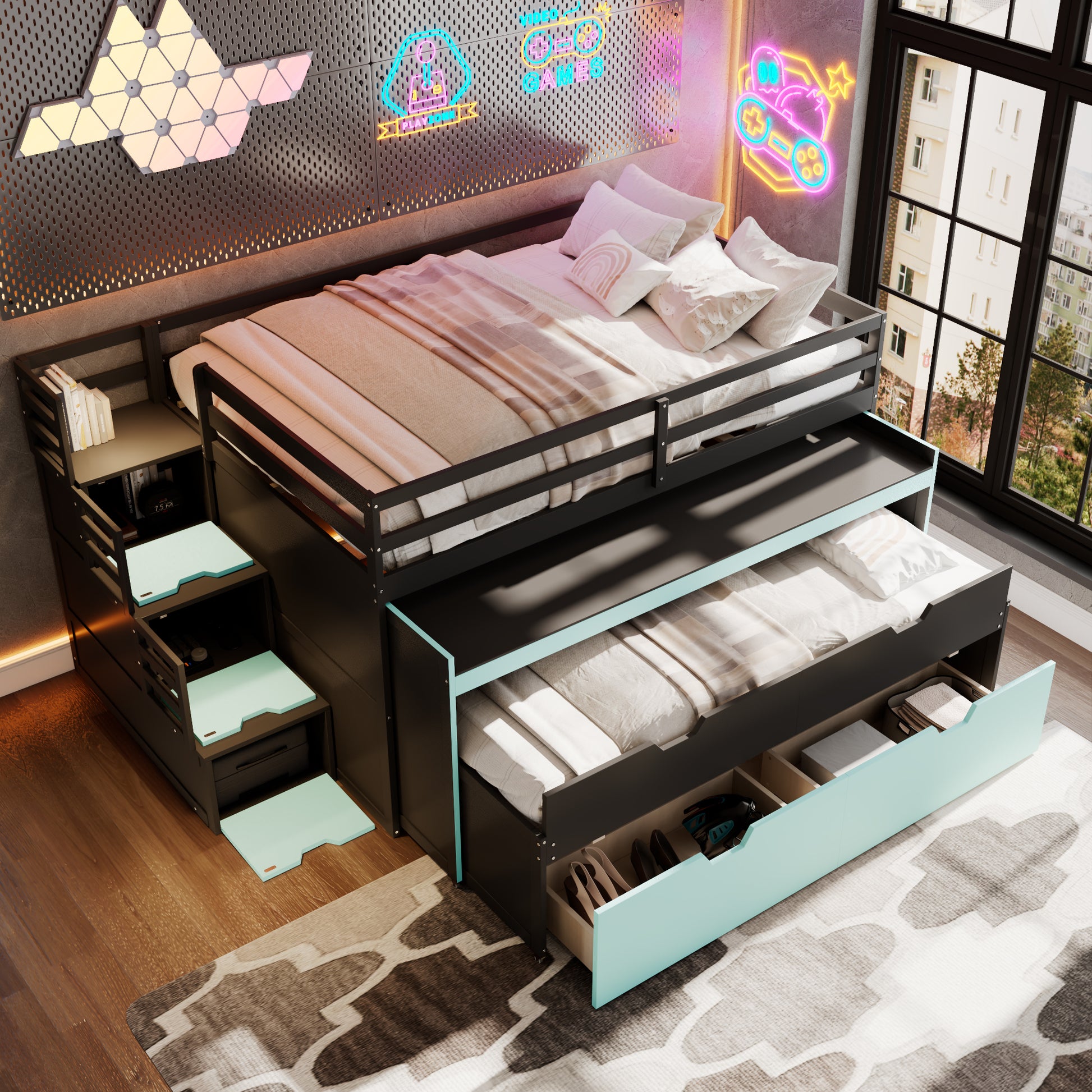 Full XL Loft Bed with Pull-Out Desk and Twin Trundle, Multi-Functional Bunk Bed with 2 Storage Drawers and Storage Steps, Space-Saving Gaming & Workstation Bedframe, Black+Blue image 2