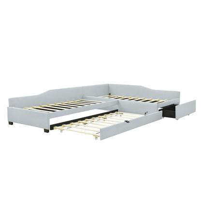 Upholstered Double Twin Size Daybed with Trundle and Drawer, Beige image 5