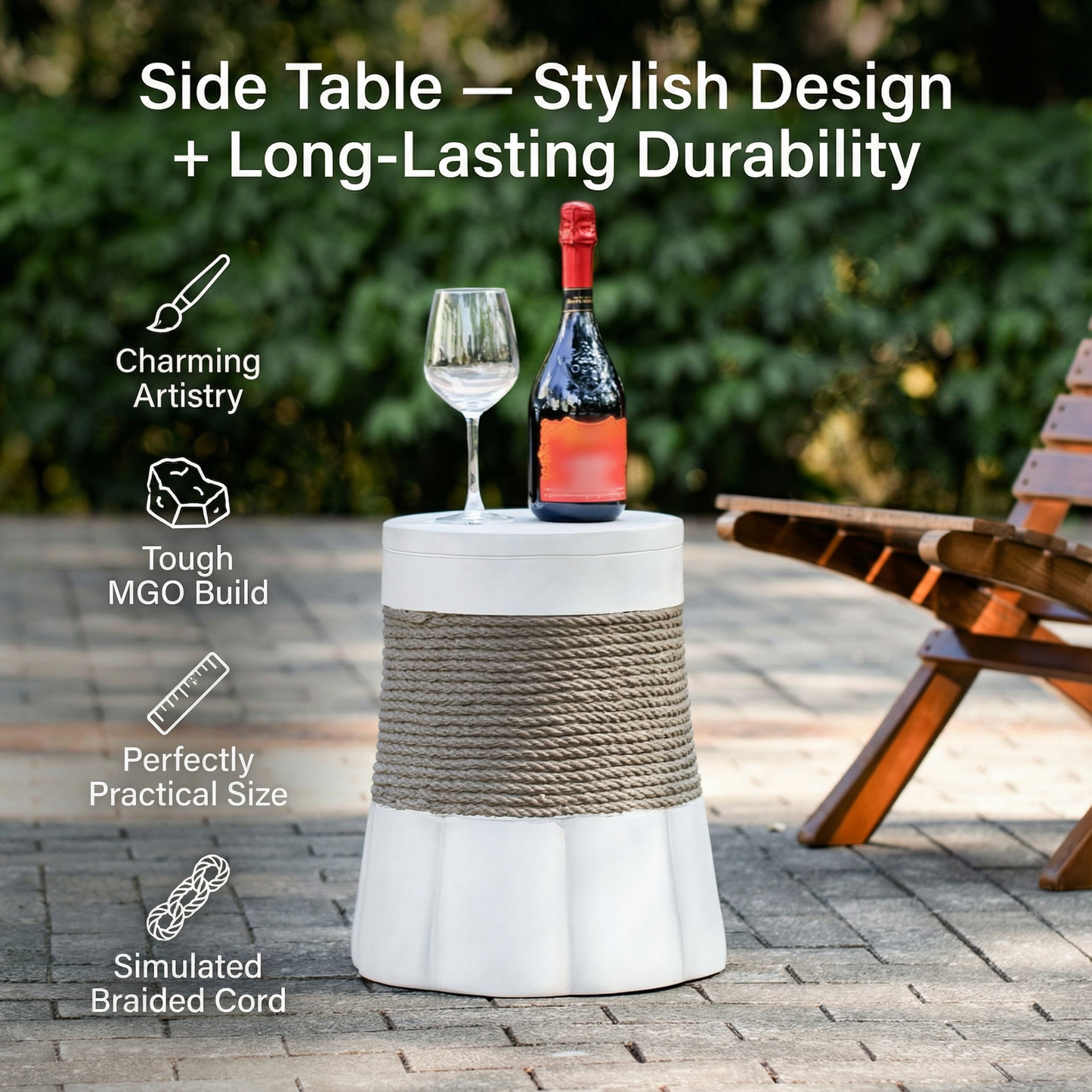 Outdoor Light Gray & Brown Retro Woven Rope & Fan-Base MGO Side Table – End Table for Home, Office, Living Room & Outdoor image 7