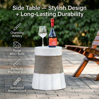 Outdoor Light Gray & Brown Retro Woven Rope & Fan-Base MGO Side Table – End Table for Home, Office, Living Room & Outdoor image 7