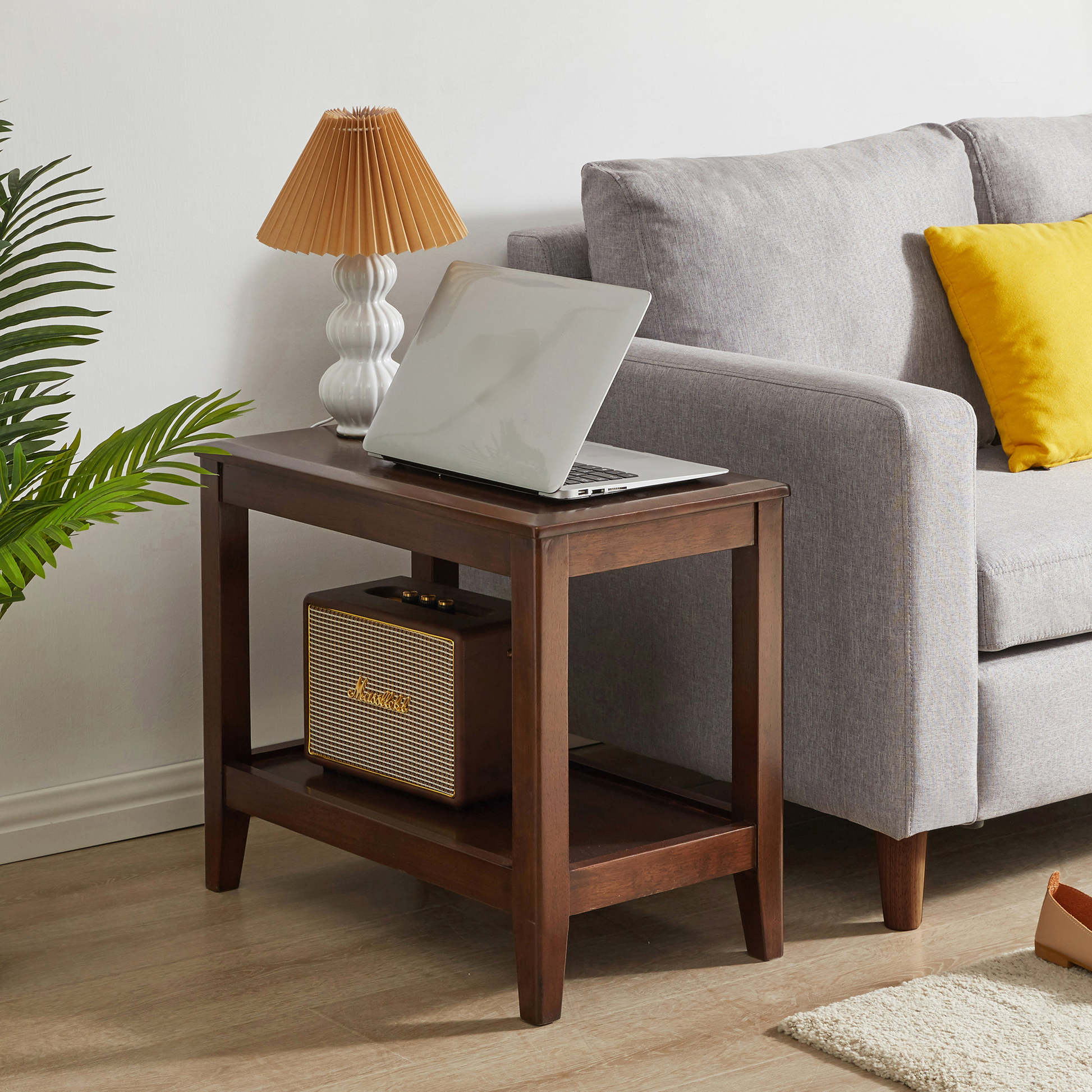100% Solid Wood Rustic Side Table for Living Room,End Table with Storage Shelf 2-Tier Sofa Table for Living Room, Rubber Wood Indoor Plant Stand image 8