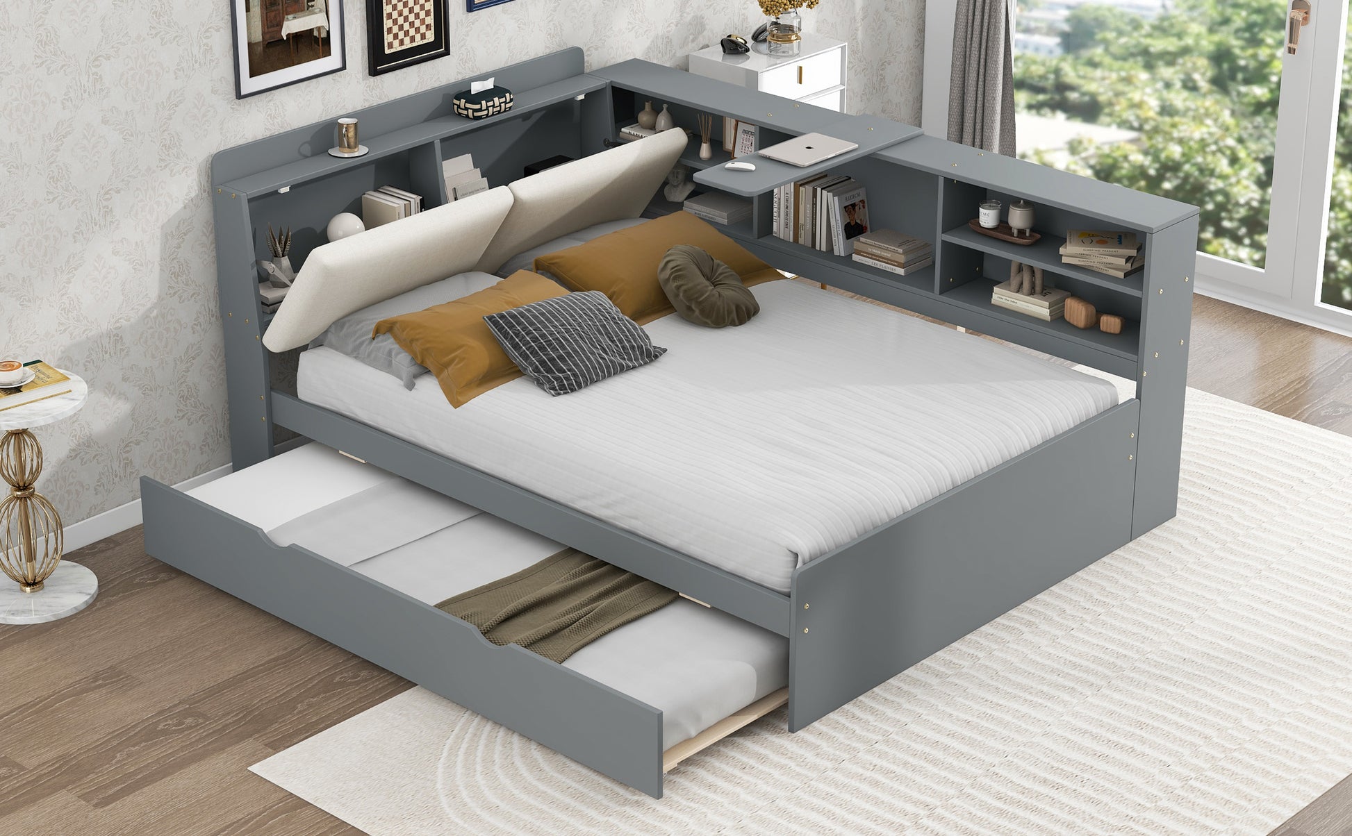 Wood Full Size platform bed with Trundle, Shelves and Storage Headboard, Gray image 8