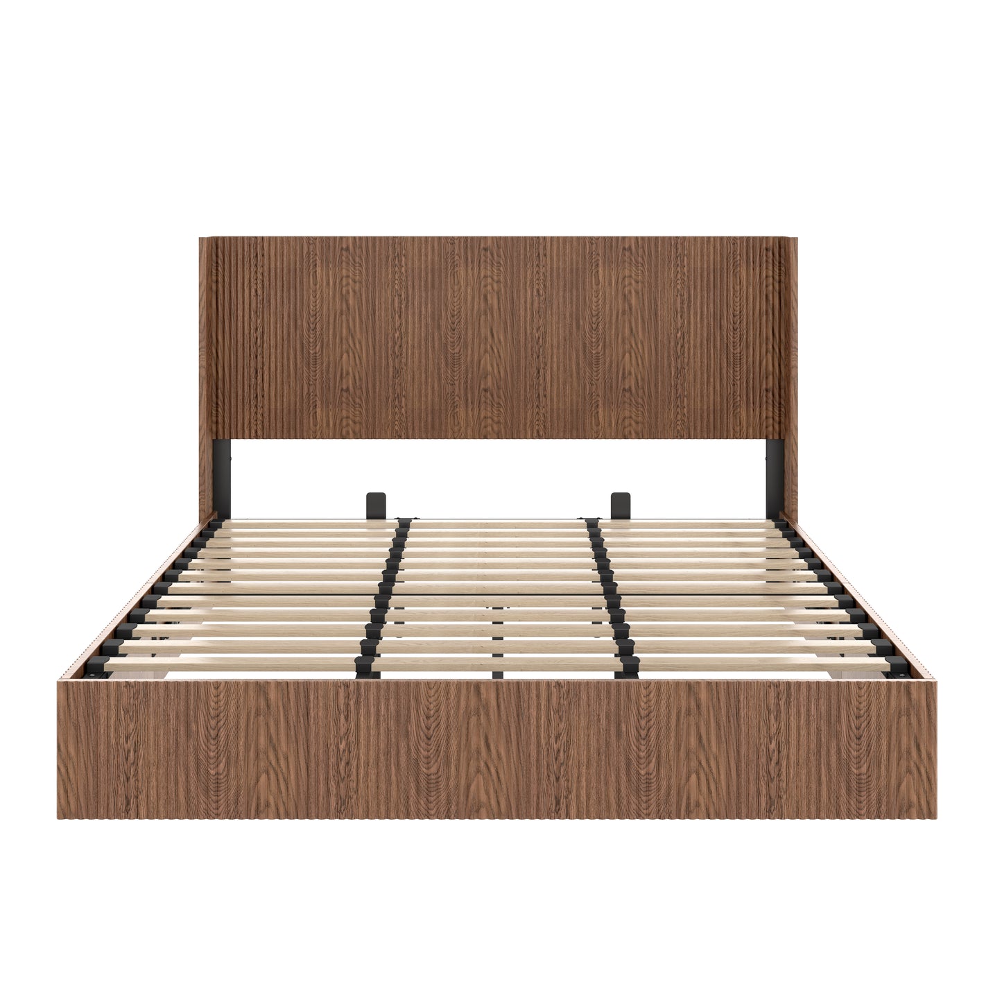Large grooved undulating lift storage bed frame, wooden platform bed frame with lift storage, no spring box required/no noise, rustic brown slatted natural wood(King) image 9