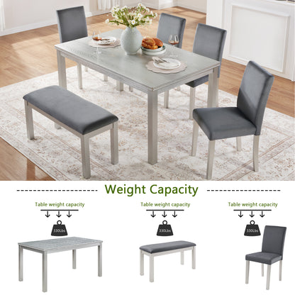 6 Piece Wooden Dining Table Set, Wooden Dining Table with 4 Upholstered Chairs and Bench for 6 People, Rectangular Dining Table Set with Crystal Decoration for Kitchen, Dining Room, Silver grey image 5