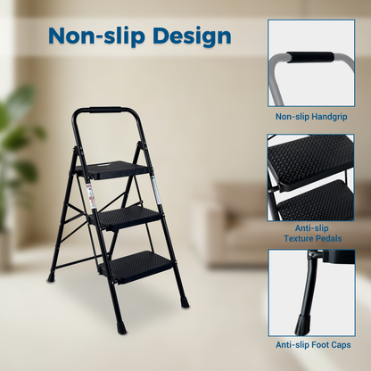 3 Step Ladder, Folding Step Stool with Wide Anti-Slip Pedal, Sturdy Steel Ladder, Lightweight, Portable Steel Step Stool image 9