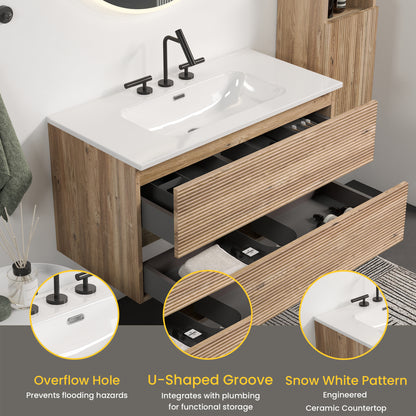 Gloria 36" Wall Mounted Rough Oak&Rough Oak Bathroom Vanity with Integrated Ceramic Sink with Overflow, with 3 holes, Large Storage Floating Bathroom Vanity for Modern Bathroom, KD image 4
