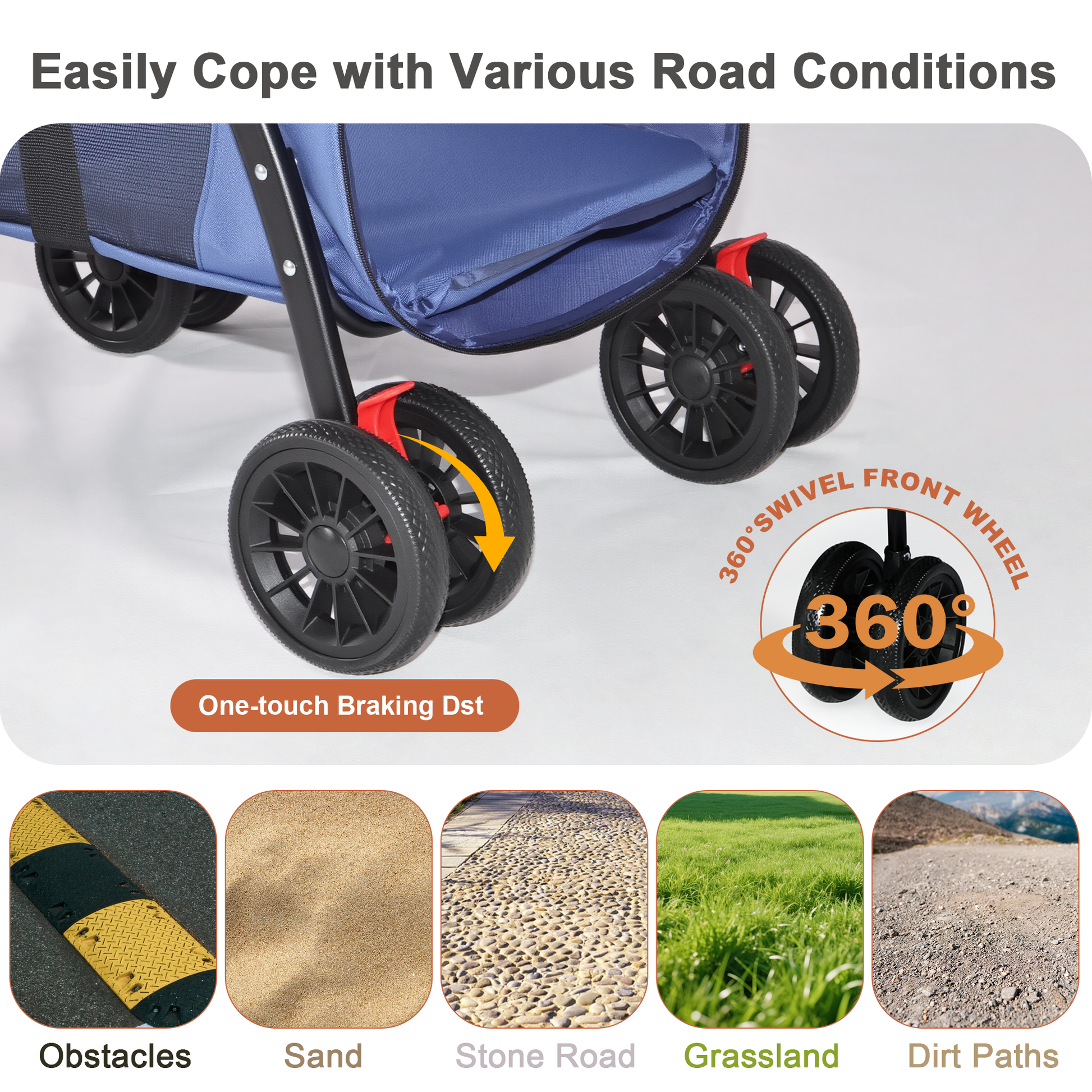 Pet Stroller, Foldable 4-Wheel Design, Breathable Mesh Dog Cat Stroller with Shockproof Wheels, Brake System, Storage Tray, 2 Fixed Safety Leashes, Large Space for Small Medium Pets, Navy Blue image 5