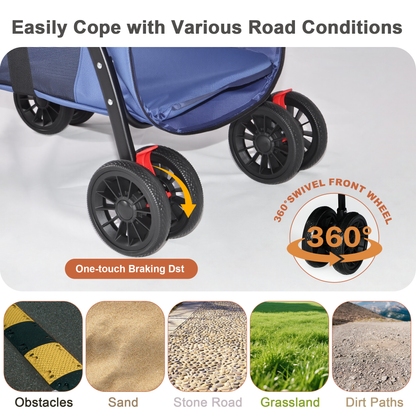 Pet Stroller, Foldable 4-Wheel Design, Breathable Mesh Dog Cat Stroller with Shockproof Wheels, Brake System, Storage Tray, 2 Fixed Safety Leashes, Large Space for Small Medium Pets, Navy Blue image 5