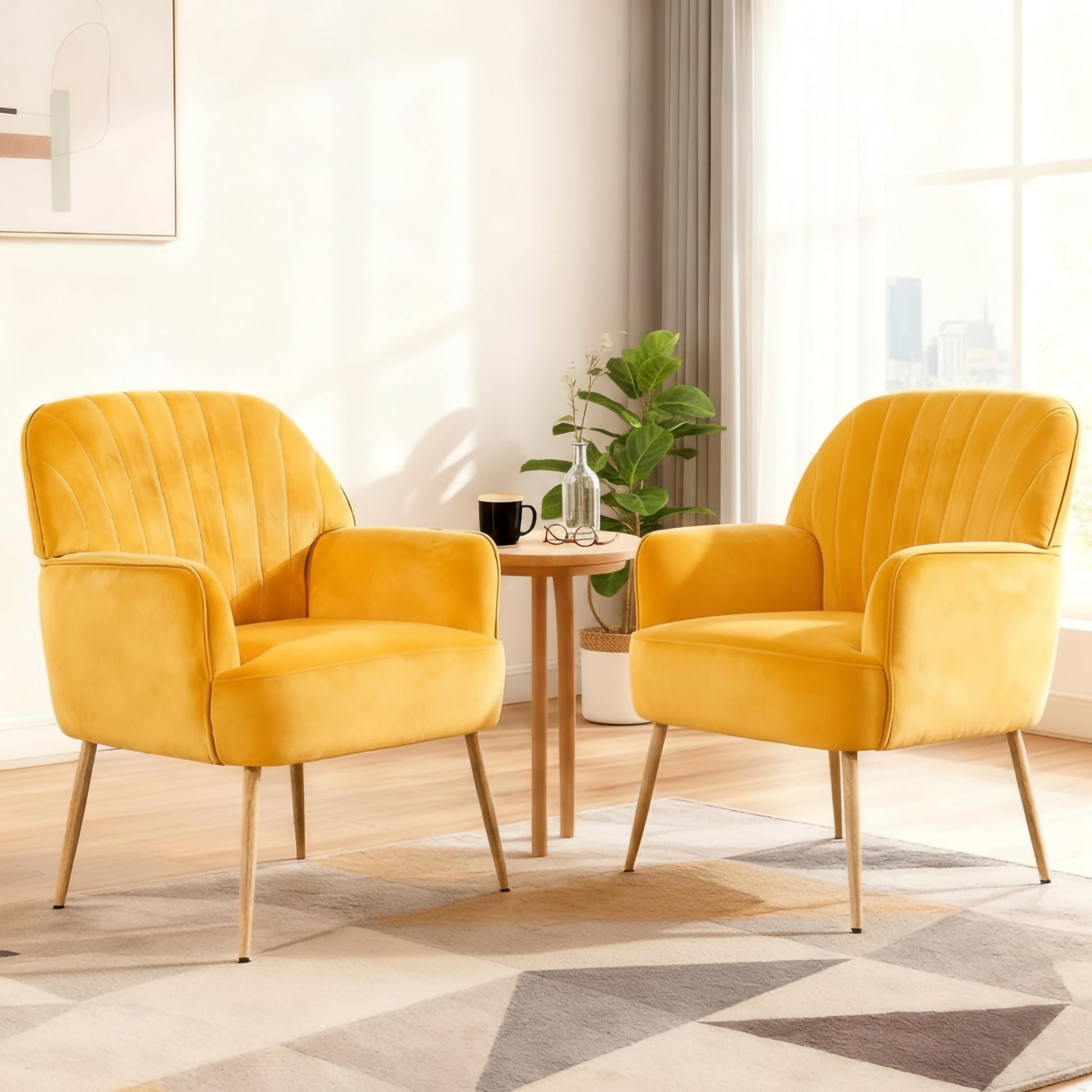 Velvet Accent Chair, Modern Upholstered Living Room Chairs, Luxury Single Sofa Armchair with Metal Legs, Comfy Barrel Chairs for Living Room, Waiting Room, Bedroom, Office and Cafe, Yellow image 8