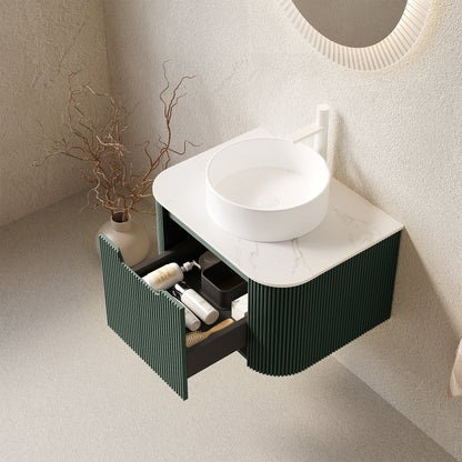 DINA 24" Bathroom Vanity&Sink, Floating Curved Edges Striped Bathroom Storage Plywood Cabinet with Drawer, White Round Ceramic Basin&Carrara White Sintered Stone Top, Pre-assembled, Dark Green Color image 2