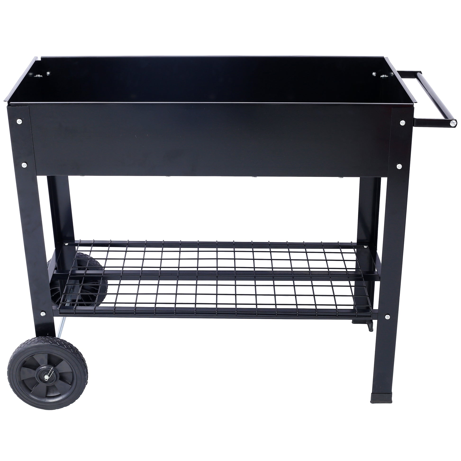 Products Elevated Mobile Raised Ergonomic Metal Planter Garden Bed for Backyard, Patio w/Wheels, Lower Shelf, black image 6