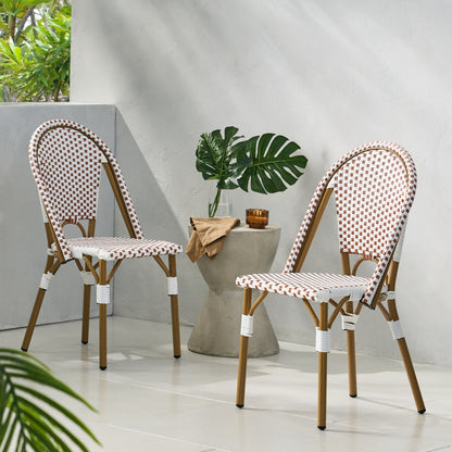Outdoor PE Ratten and Aluminum French Bistro Chairs, Set of 2, Rusted Red & White, Bamboo Print Finish image 3