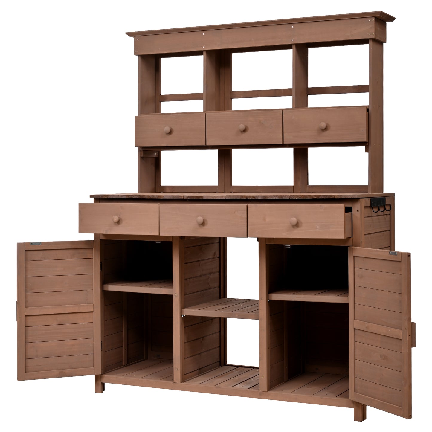 [Assembly Video Provided] TOPMAX 65.7'' H Tall Garden Potting Bench Table with Hutch,Patio Storage Workstation with 3 Shelves,6 Drawers,2 Bottom Cabinets&Side Hooks for Mudroom,Doorway, Brown image 9
